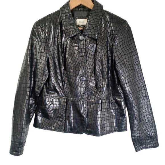 Neiman Marcus Embossed Leather Peplum Jacket Size 8 Black Reptile Flap Pockets - Picture 1 of 7